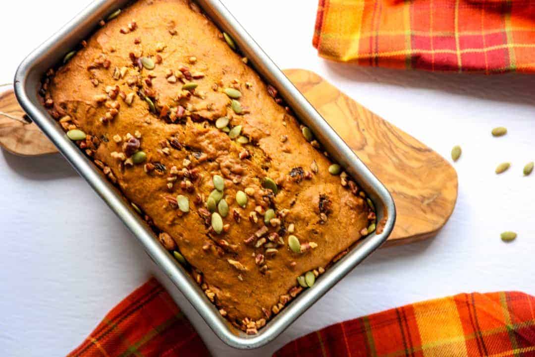 A baked loaf in a pan