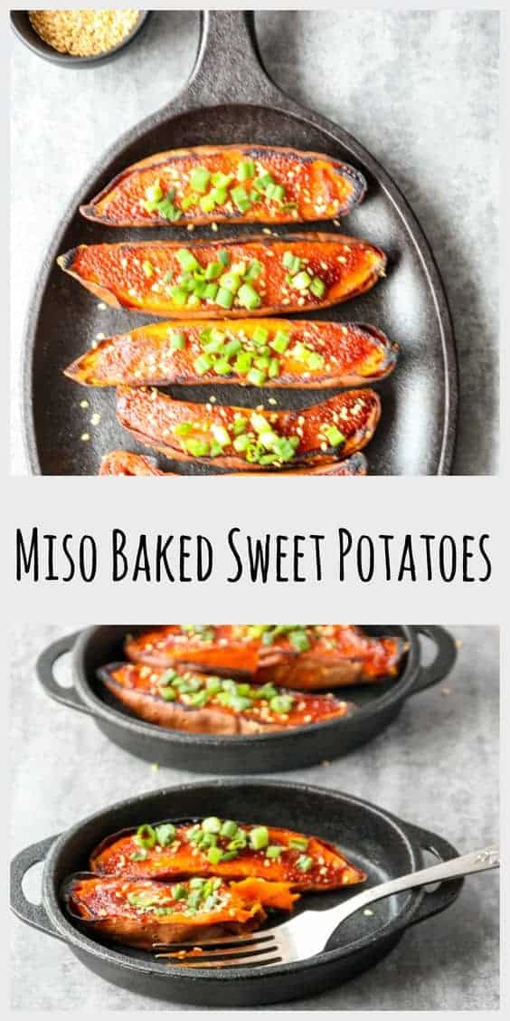A photo of sweet potato halves on a plate, with text overlay