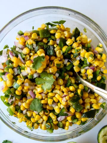 Roasted Chili Corn Salsa in a glass bowl.